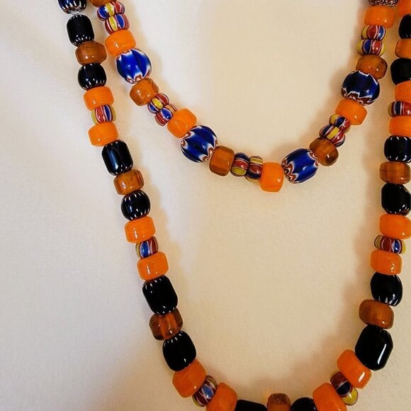 Set of 2 India Beads Orange and Blue Double Necklaces - Handmade - Picture 3 of 3